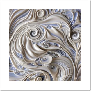 Swirly Flowing Ivory And Cobalt Curlicues Posters and Art